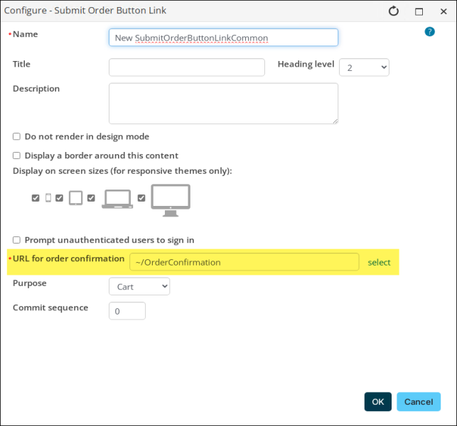 A callout showing the URL for order confirmation field with the ~/OrderConfirmation shortcut selected.